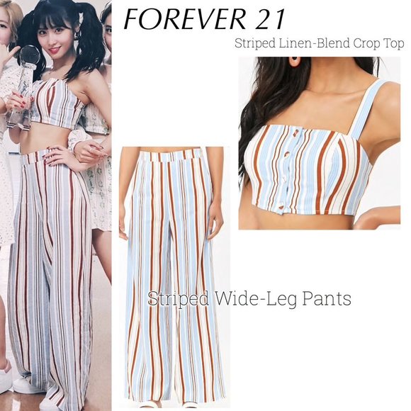 Matching pants set striped linen blend with crop top - Picture 2 of 10